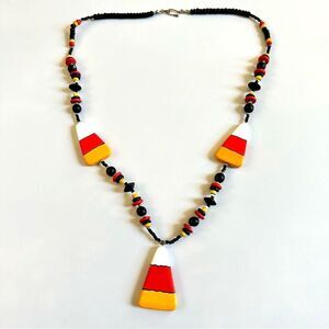 Vintage hand painted Candy Corn Halloween fun festive wood Statement Necklace